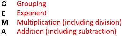 GEMA: Grouping, Exponent, Multiplication (including division), Addition (including subtraction)